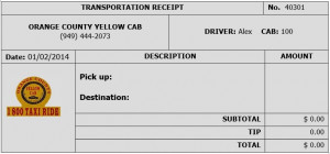 Yellow Cab Taxi Receipt Chicago