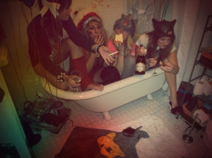 alcohol, bath, bathroom, dress up, drunk, girls