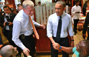President Barack Obama with Bill de Blasio, left, at a Brooklyn ...