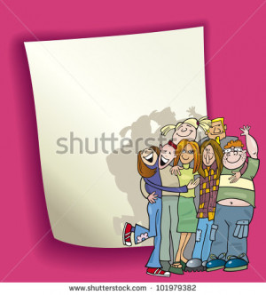 Cartoon design illustration with blank page and funny teenagers group