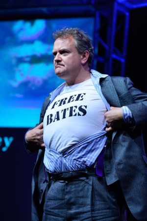 Hugh Bonneville reveals his Free Bates t-shirt.