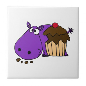 Funny Purple Hippo Eating Cupcake Ceramic Tile
