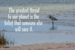 Blue heron on ocean with threat to planet quote Royalty Free Stock ...