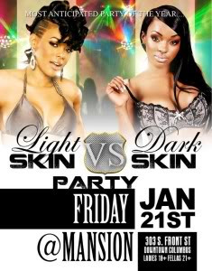 Poster for light skinned versus dark skinned party with two African ...