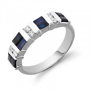 Baguette Blue Sapphire Ring with Diamonds in 14K White Gold