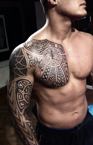 polynesian chest tattoo by Peter Walrus Madsen