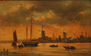 278 19th century oil on canvas of harbor scene signed 19th century oil