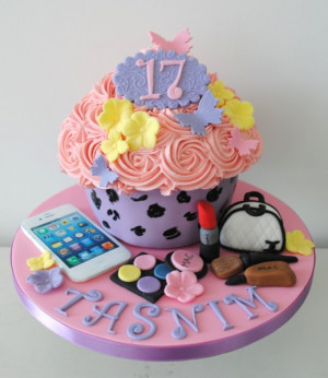 17th Birthday Giant Cupcake with iPhone MAC make up and Chanel Bag