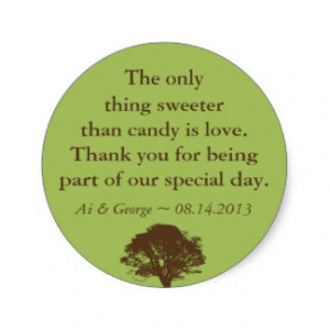 Green brown oak tree wedding quote favor label classic round sticker