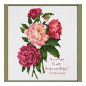 Vintage Peony Flower Monet Quote in Red, Pink Perfect Poster