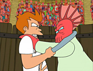 Fry and Zoidberg fight to the death during Claw-Plach