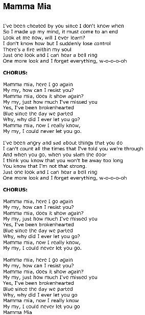 Mamma Mia - lyrics ~ MAMMA MIA!Mamma Mia Lyrics, Songs Lyrics, People ...