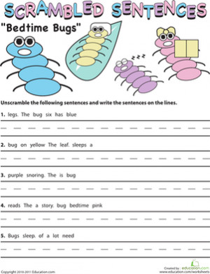 Second Grade Grammar Worksheets: Scrambled Sentences: Bedtime Bugs