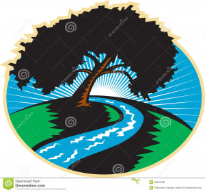 ... Illustration Pecan Tree Silhouette With Winding River Stream And pic