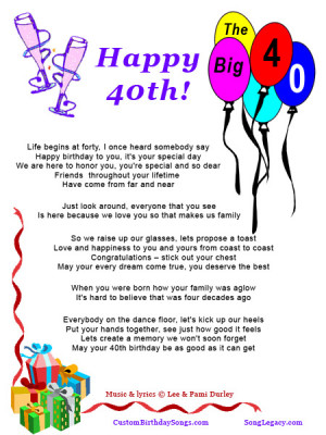 Lyric Sheet for original 40th birthday song by Lee Durley, page 1