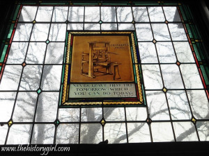 ... inspirational quotes placed on the stained glass windows, fireplaces