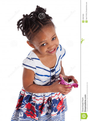 Little African American Girl Eating Chocolate Easter Egg Isolated