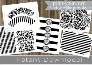 Printable black and white party decor napkin rings, favor boxes ...