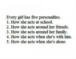five personalties. 1.How she acts at school. 2.How she acts around her ...