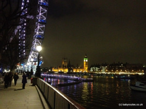 London Eye and Big Ben at night from the Thames Path on South Bank