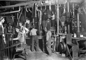 Part of a night shift in an Indiana glass factory, August 1908. Lewis ...
