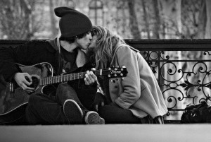 black and white, boy, girl, guitar, life, street