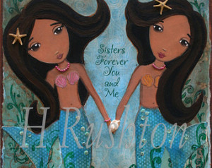 ... Mixed Media- Sisters Art Print-African American Art-Kids Mermaid Art