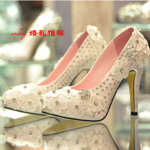 lace flower white wedding shoes bridal shoes high heeled single shoes