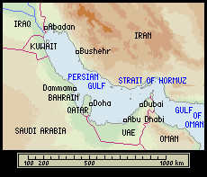 Strait of Hormuz separating the Persian Gulf to the west and the Gulf ...
