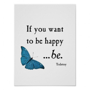 Vintage Blue Butterfly and Tolstoy Happiness Quote Poster