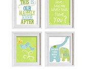 Lime green aqua blue room decor, love quote, elephants, birds ...