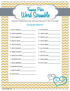 turquoise & yellow bridal shower game: Famous Pairs Word Scramble More