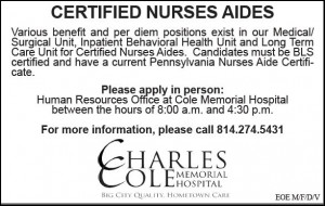 Certified Nurses Aides Needed At Cole Memorial Hospital In Coudersport ...