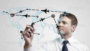 Young business man drawing an airplane routes on world map - Stock ...