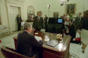 Ronald Reagan preparing for a video address from the Oval Office ...