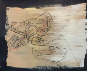 ... figurative dove drawing made from music notes and quotes from Rumi