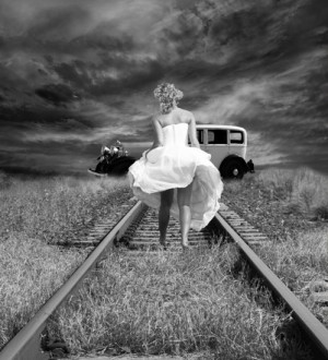 black and white, girl, railway, vintage