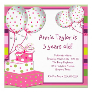 Pink Balloons Presents Girls 3rd Birthday Party Invitations from ...