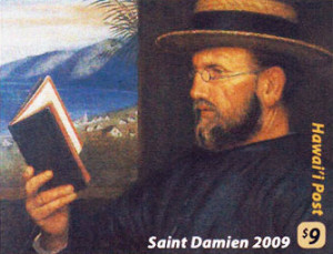 Commemorative stamp - Fr. Damien reading the Bible