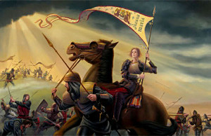 Painting of Joan of Arc in Battle on horseback carrying her famous ...