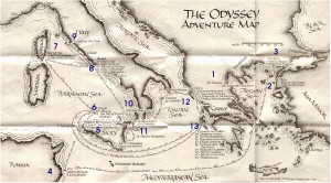 Mt. Olympus 2. Troy 3. Kikonians 4. Lotus-Eaters 5. Cyclops