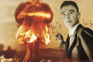 Robert Oppenheimer against a photograph of a hydrogen bomb test in ...