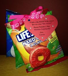 Valentine for Lucas' school nurse. Various bags of Lifesavors with a ...