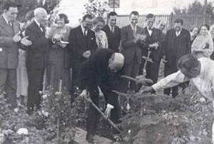 Rotary founder Paul Harris plants a tree in Santiago, Chile in 1936 ...
