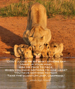 Lioness with cups at water hole Pamela quote