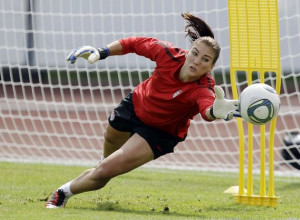 United States goalkeeper Hope Solo makes a save during a training ...
