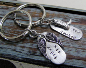 Her Cowboy His Angel Keychains Pers onalized Names His and Her Couple ...