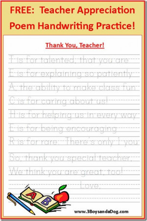 ... pdf free printable Teacher Appreciation Poem, Handwriting practice