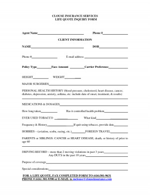 CLOUSE INSURANCE SERVICES LIFE QUOTE INQUIRY FORM Agent Name Phone by ...