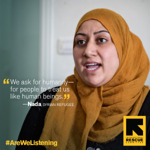 Nada, a Syrian refugee, is wearing hijab and speaking, with quote: 